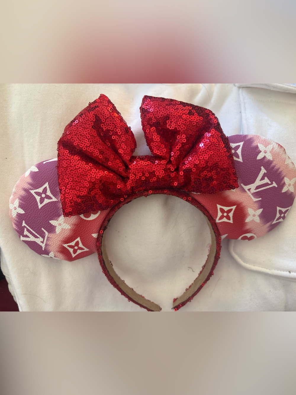 Red Sequin Bow Minnie Ears Headband with Patterned Ears